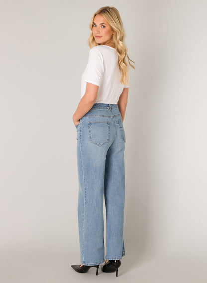 Base Level "Amy" High Rise Wide Leg Denim Jeans in Light Blue