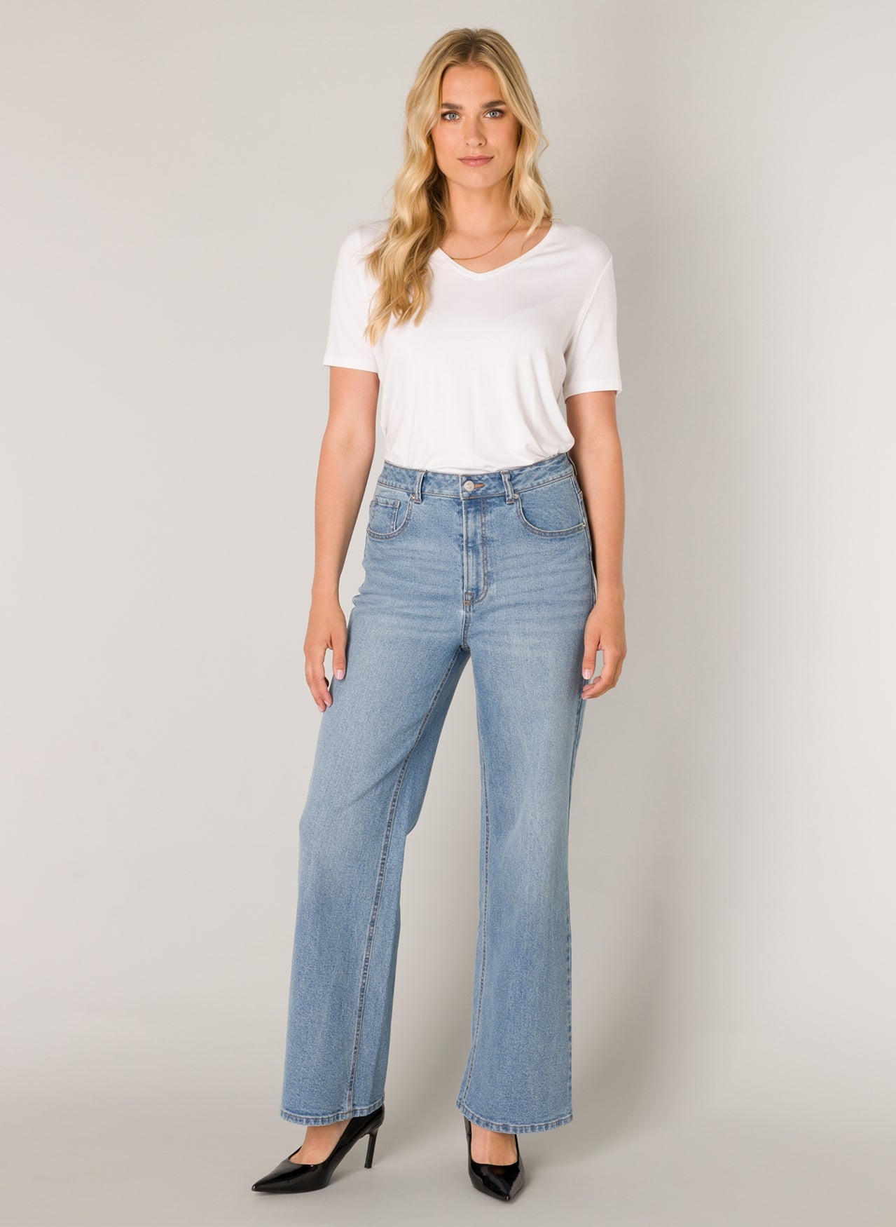 Base Level "Amy" High Rise Wide Leg Denim Jeans in Light Blue