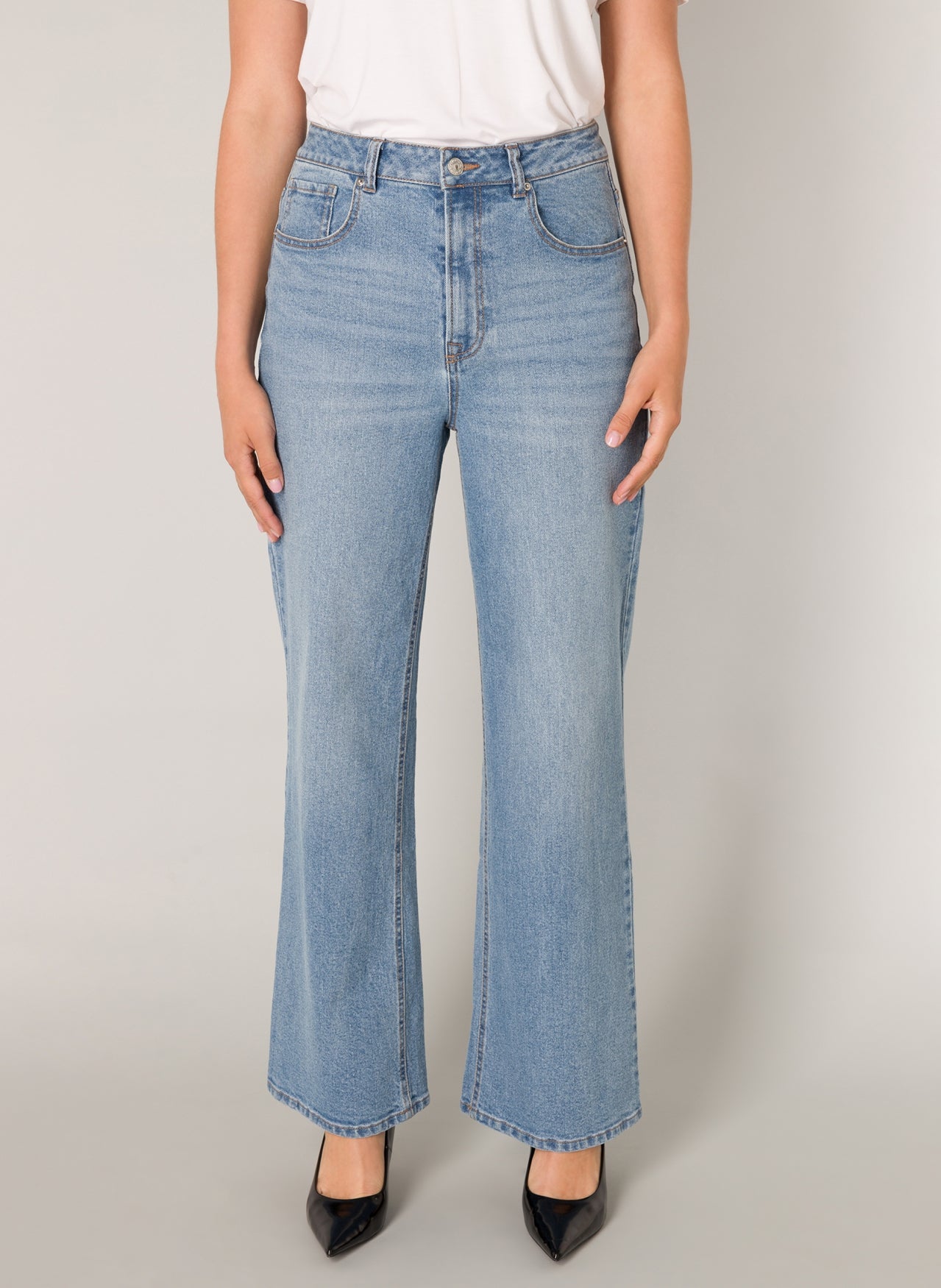 Base Level "Amy" High Rise Wide Leg Denim Jeans in Light Blue