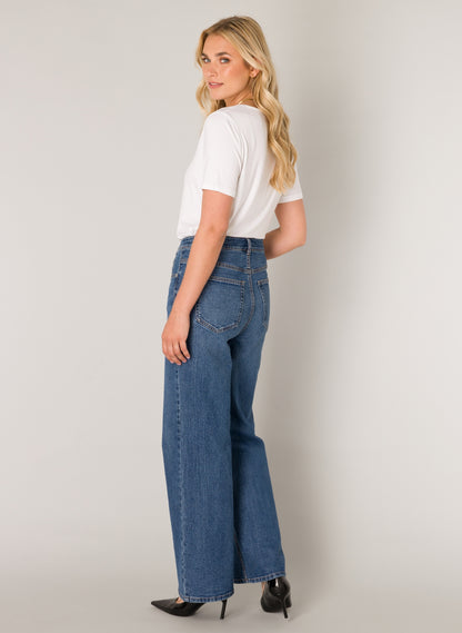 Base Level "Amy" High Rise Wide Leg Denim Jeans in Mid Blue