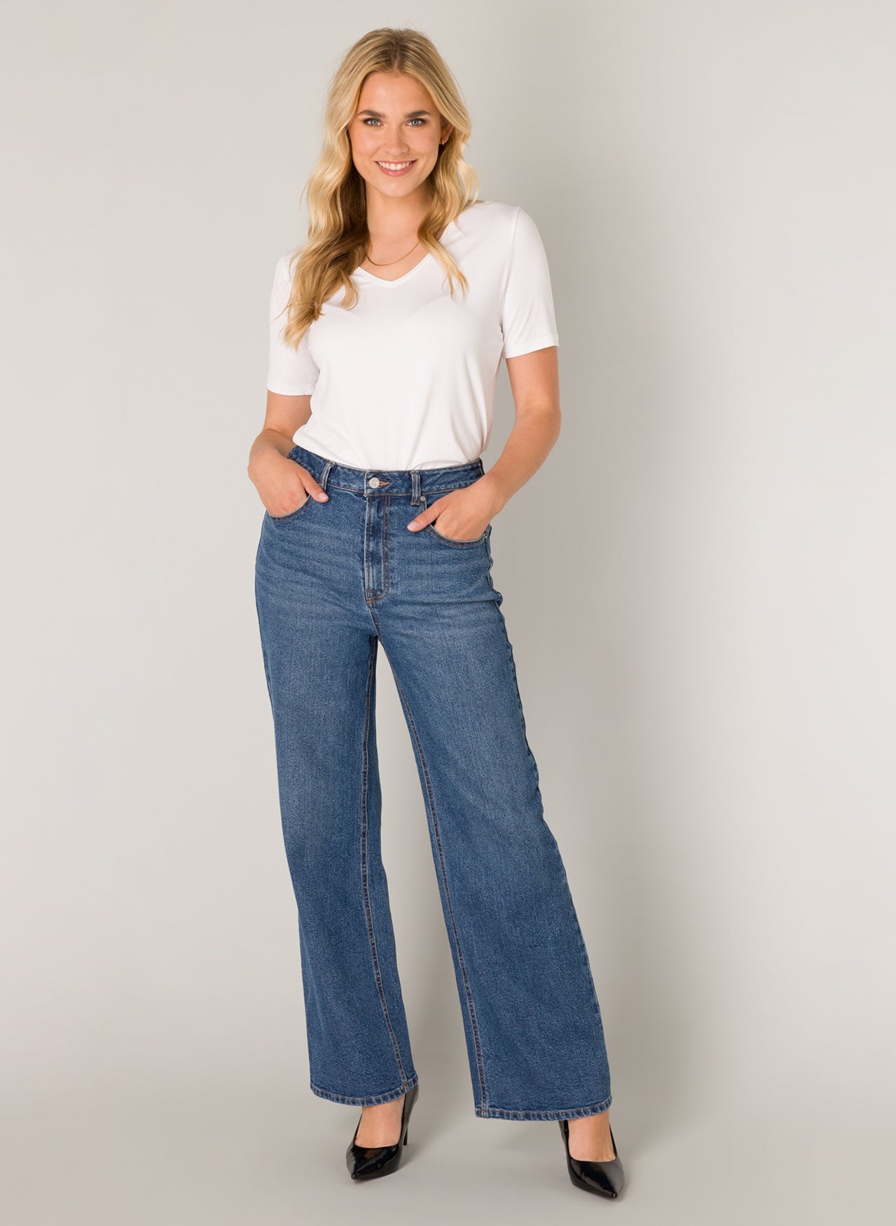 Base Level "Amy" High Rise Wide Leg Denim Jeans in Mid Blue