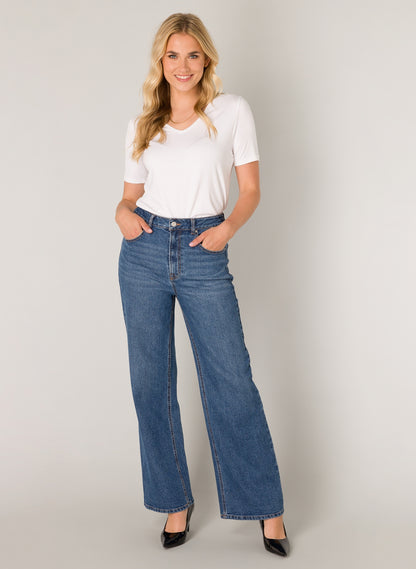 Base Level "Amy" High Rise Wide Leg Denim Jeans in Mid Blue