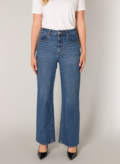 Base Level "Amy" High Rise Wide Leg Denim Jeans in Mid Blue