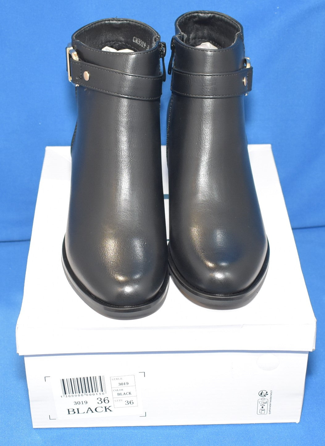 C'M Paris Buckle Strap Block Heel Ankle Boots in Black
