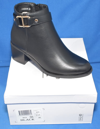 C'M Paris Buckle Strap Block Heel Ankle Boots in Black