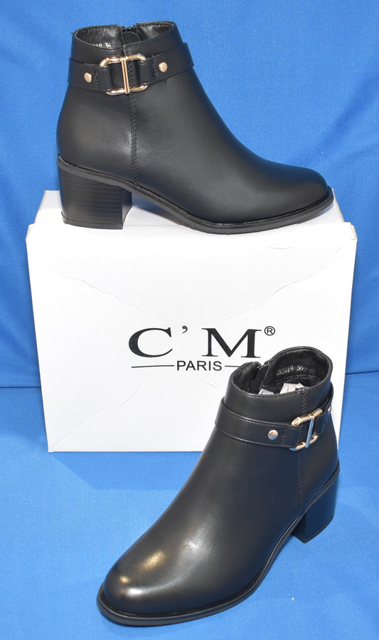 C'M Paris Buckle Strap Block Heel Ankle Boots in Black