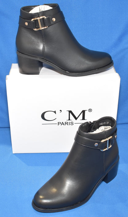 C'M Paris Buckle Strap Block Heel Ankle Boots in Black