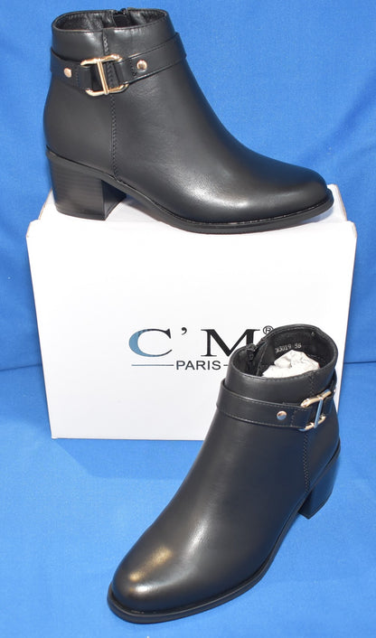 C'M Paris Buckle Strap Block Heel Ankle Boots in Black