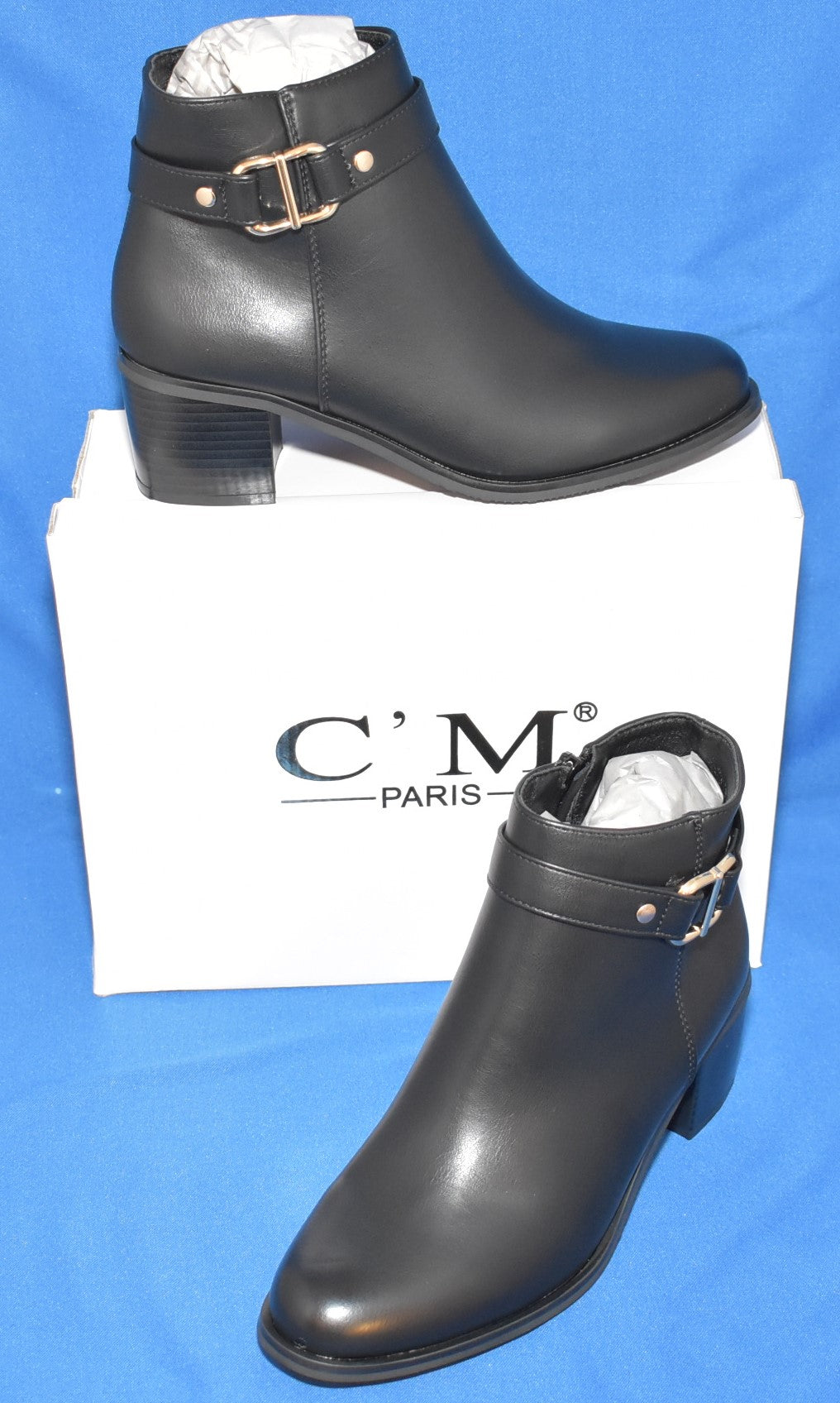 C'M Paris Buckle Strap Block Heel Ankle Boots in Black