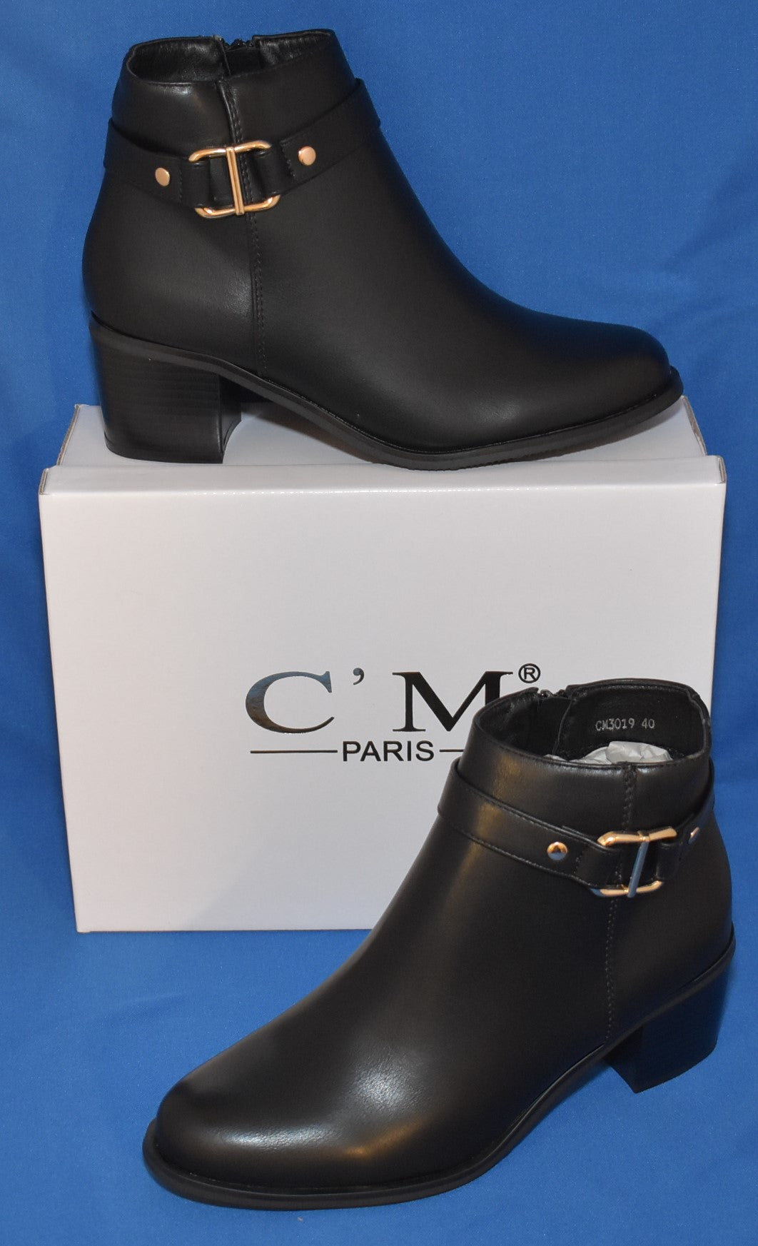 C'M Paris Buckle Strap Block Heel Ankle Boots in Black