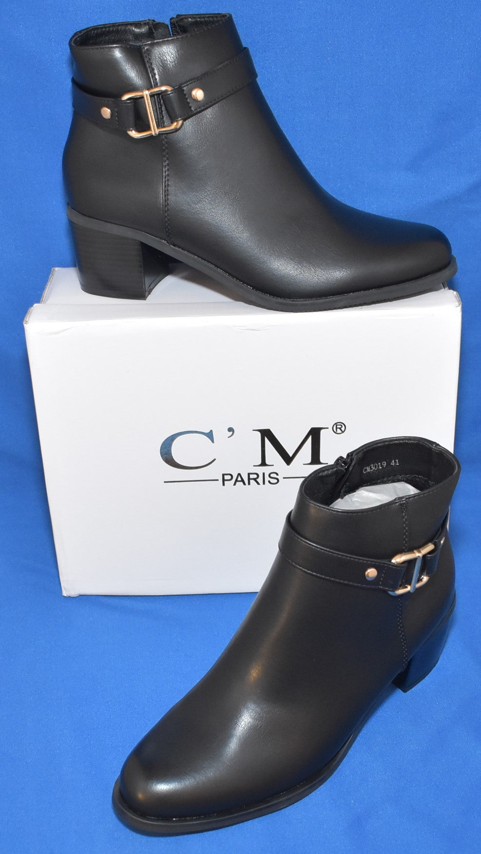 C'M Paris Buckle Strap Block Heel Ankle Boots in Black