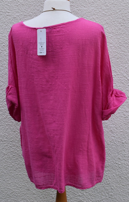 Made In Italy Plain Necklace Tunic Cotton Top in Fuchsia Pink One Size 12-18