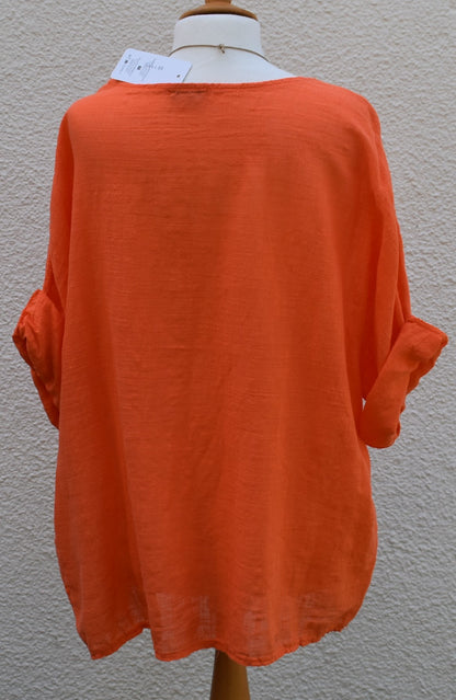 Made In Italy Plain Necklace Tunic Cotton Top in Orange One Size 12-18