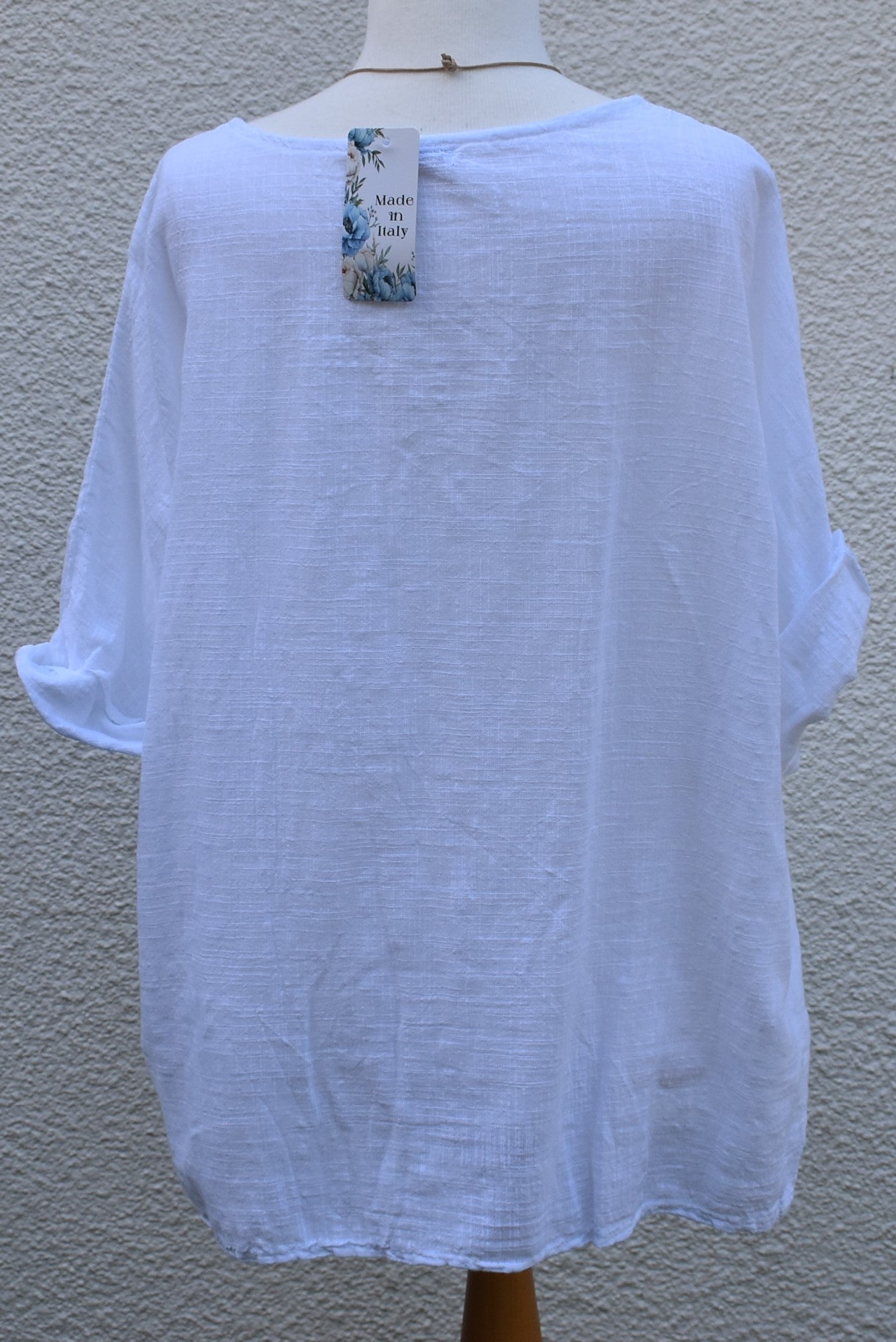 Made In Italy Plain Necklace Tunic Cotton Top in White One Size 12-18