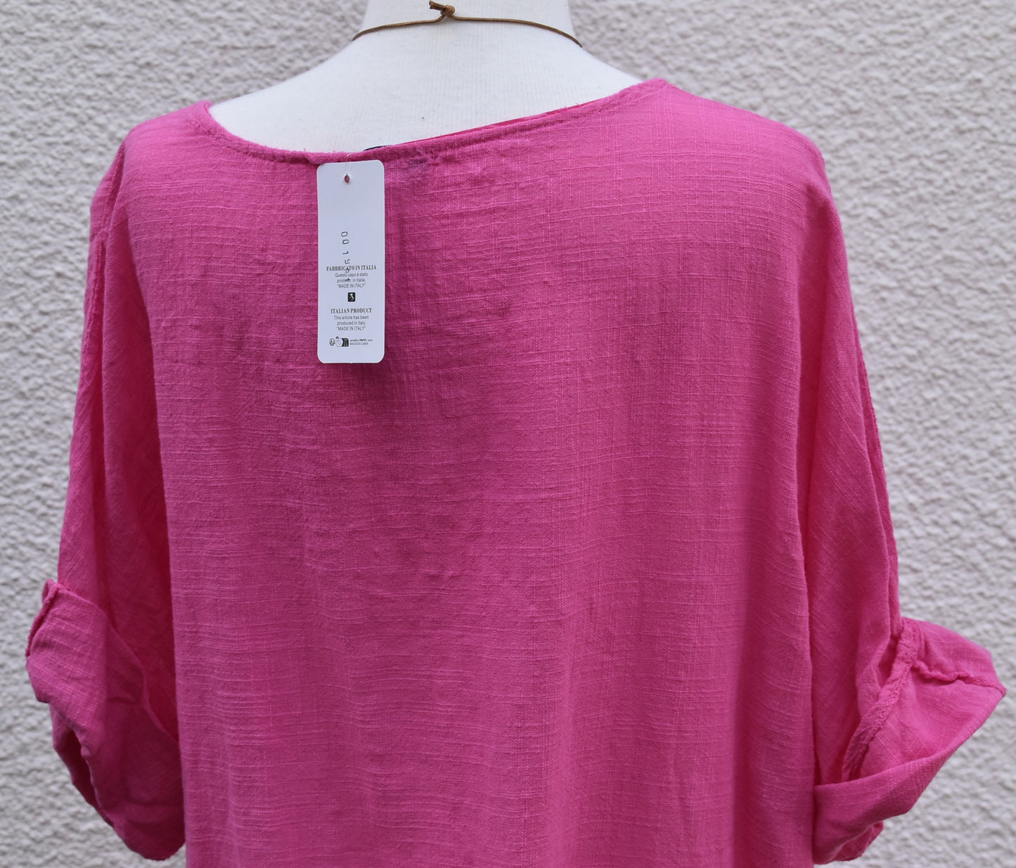 Made In Italy Plain Necklace Tunic Cotton Top in Fuchsia Pink One Size 12-18