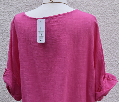 Made In Italy Plain Necklace Tunic Cotton Top in Fuchsia Pink One Size 12-18