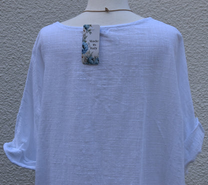 Made In Italy Plain Necklace Tunic Cotton Top in White One Size 12-18