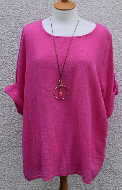 Made In Italy Plain Necklace Tunic Cotton Top in Fuchsia Pink One Size 12-18