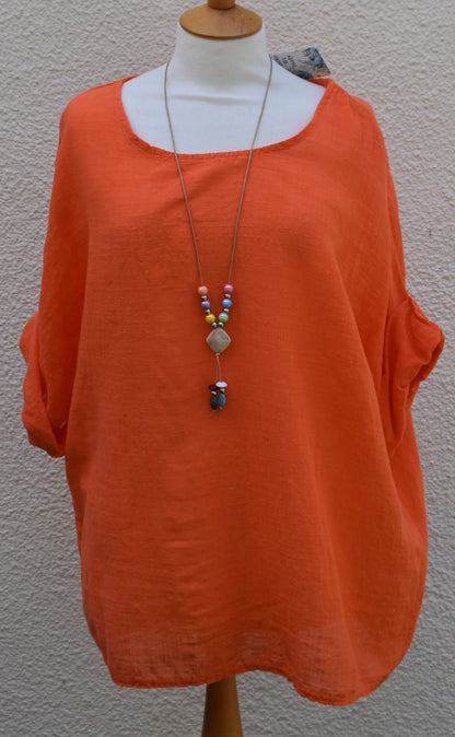 Made In Italy Plain Necklace Tunic Cotton Top in Orange One Size 12-18
