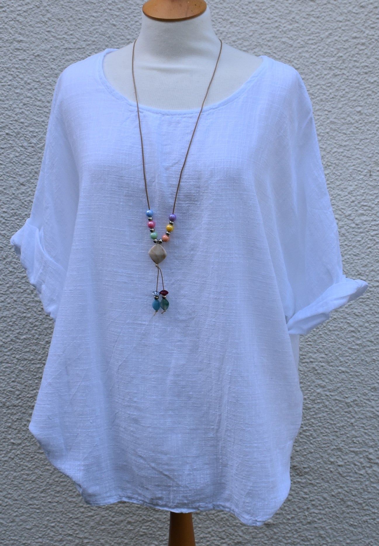 Made In Italy Plain Necklace Tunic Cotton Top in White One Size 12-18