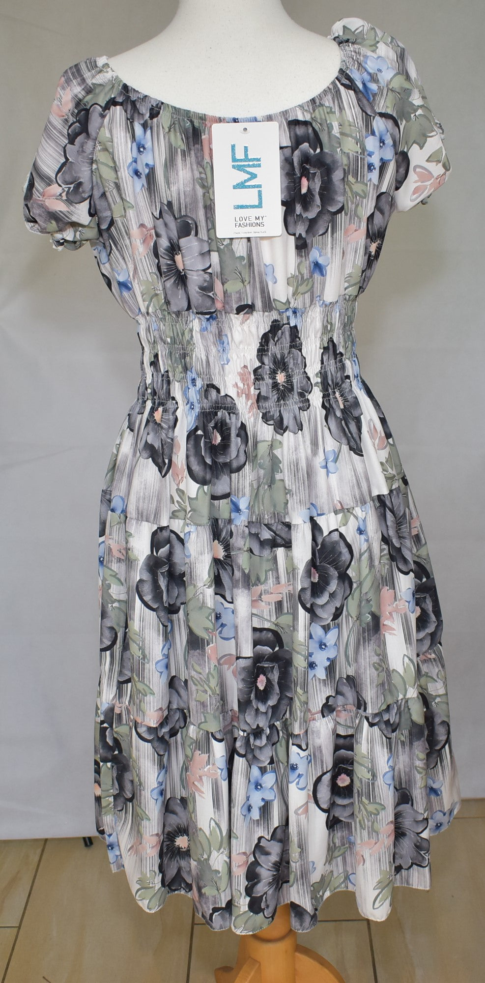 Made In Italy Flower Print Smocked Waistband Tiered Dress in Black One Size 12-22