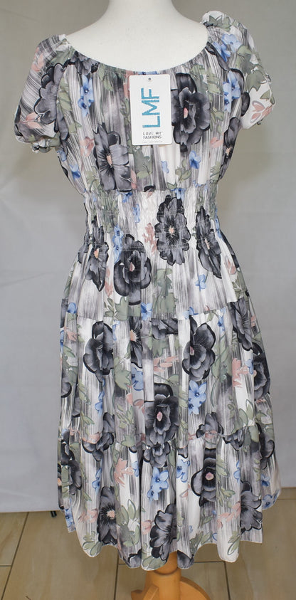 Made In Italy Flower Print Smocked Waistband Tiered Dress in Black One Size 12-22