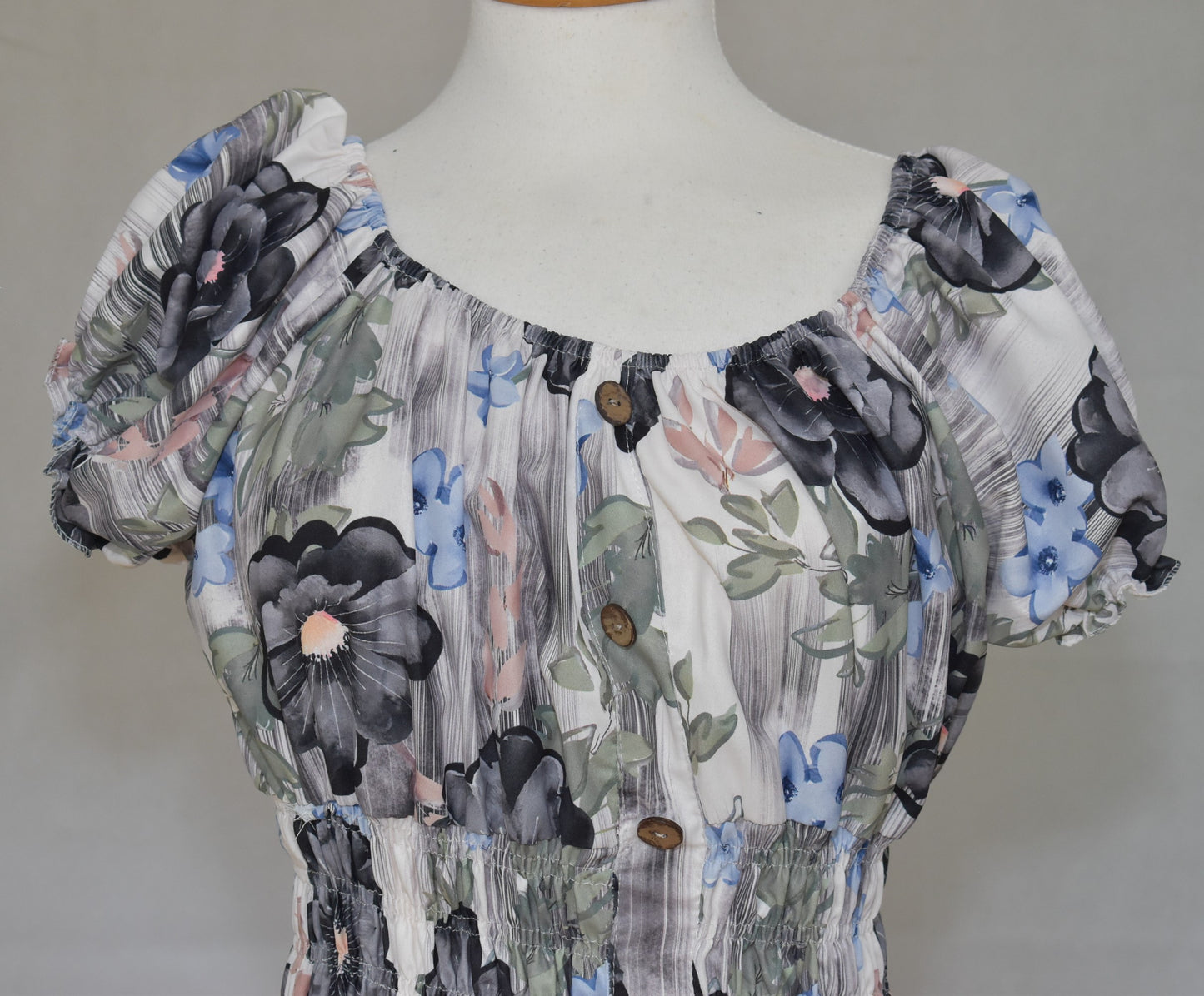 Made In Italy Flower Print Smocked Waistband Tiered Dress in Black One Size 12-22