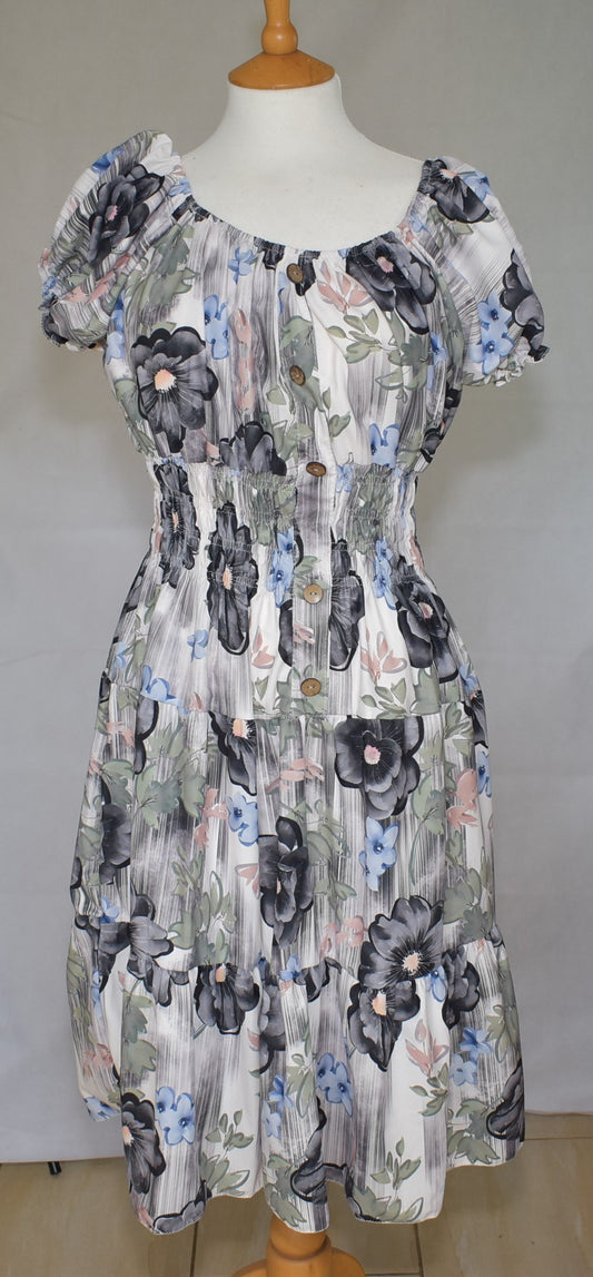 Made In Italy Flower Print Smocked Waistband Tiered Dress in Black One Size 12-22
