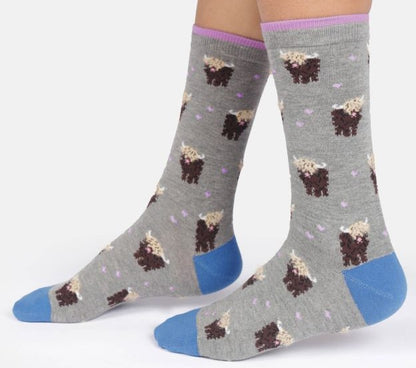 Thought Women's Fluffy Highland Cow Bamboo Socks in Grey Marl Size UK 4-7