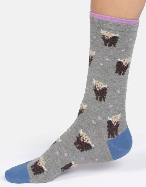 Thought Women's Fluffy Highland Cow Bamboo Socks in Grey Marl Size UK 4-7