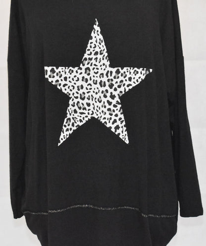 Made In Italy Leopard Print Star Graphic Oversized Top Black One Size 12-22