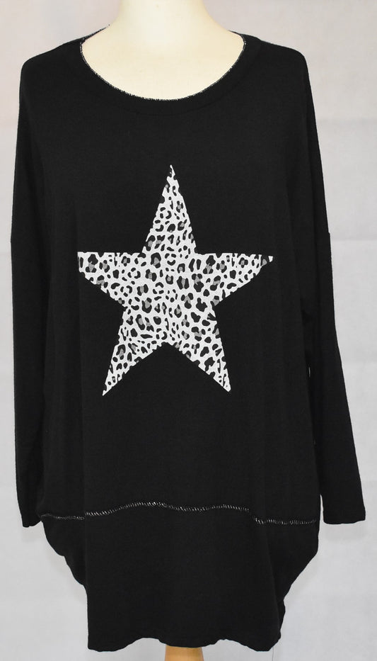 Made In Italy Leopard Print Star Graphic Oversized Top Black One Size 12-22