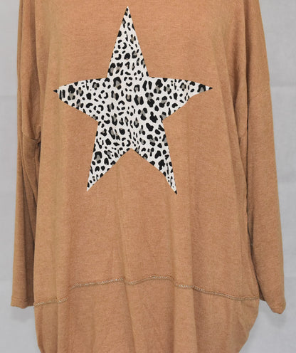 Made In Italy Leopard Print Star Graphic Oversized Top Camel One Size 12-22
