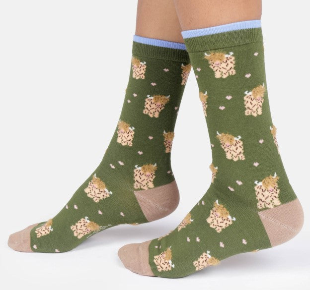 Thought Women's Fluffy Highland Cow Bamboo Socks in Olive Green Size UK 4-7