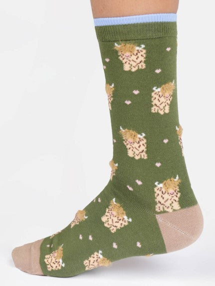 Thought Women's Fluffy Highland Cow Bamboo Socks in Olive Green Size UK 4-7