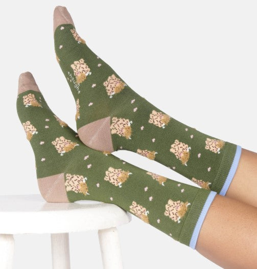 Thought Women's Fluffy Highland Cow Bamboo Socks in Olive Green Size UK 4-7