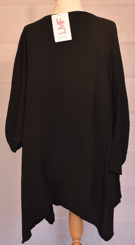 Made In Italy Plain Crochet Lace Detailing Cotton Top Black One Size 14-24