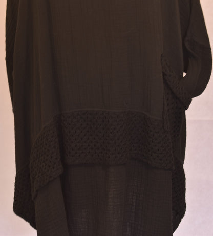 Made In Italy Plain Crochet Lace Detailing Cotton Top Black One Size 14-24