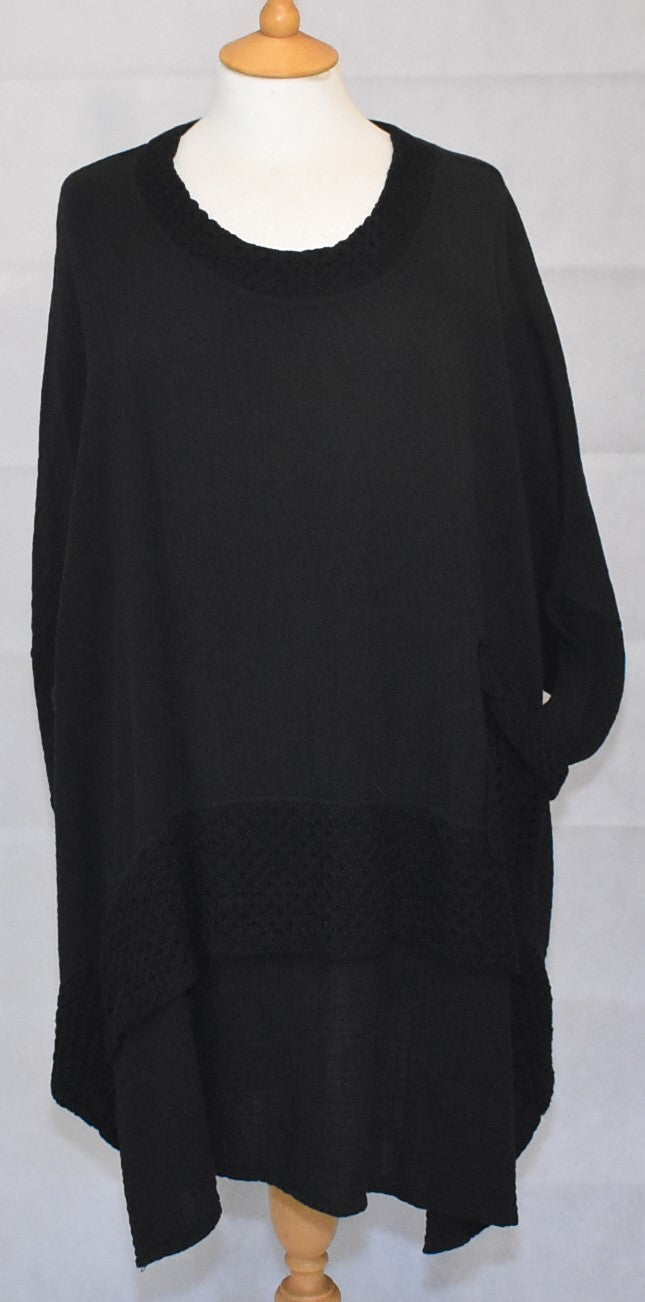 Made In Italy Plain Crochet Lace Detailing Cotton Top Black One Size 14-24