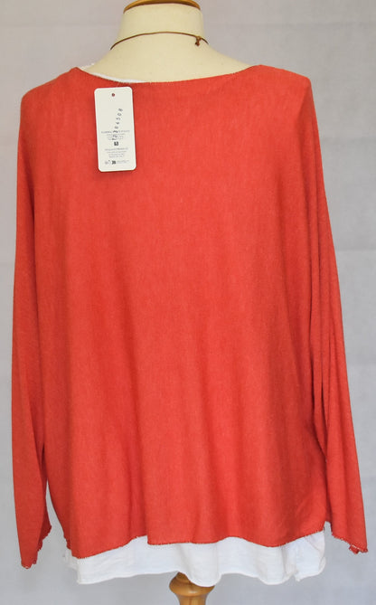 Made In Italy Plain Layered Hem Tunic Cotton Red Top One Size 14-18