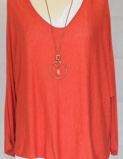 Made In Italy Plain Layered Hem Tunic Cotton Red Top One Size 14-18
