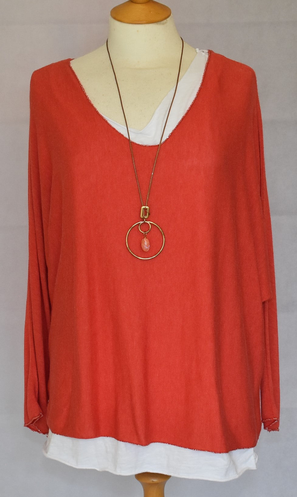 Made In Italy Plain Layered Hem Tunic Cotton Red Top One Size 14-18