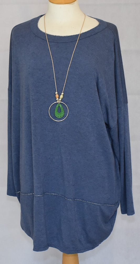 Made In Italy Plain Soft Knit Round Hem Top Denim Blue One Size 14-22