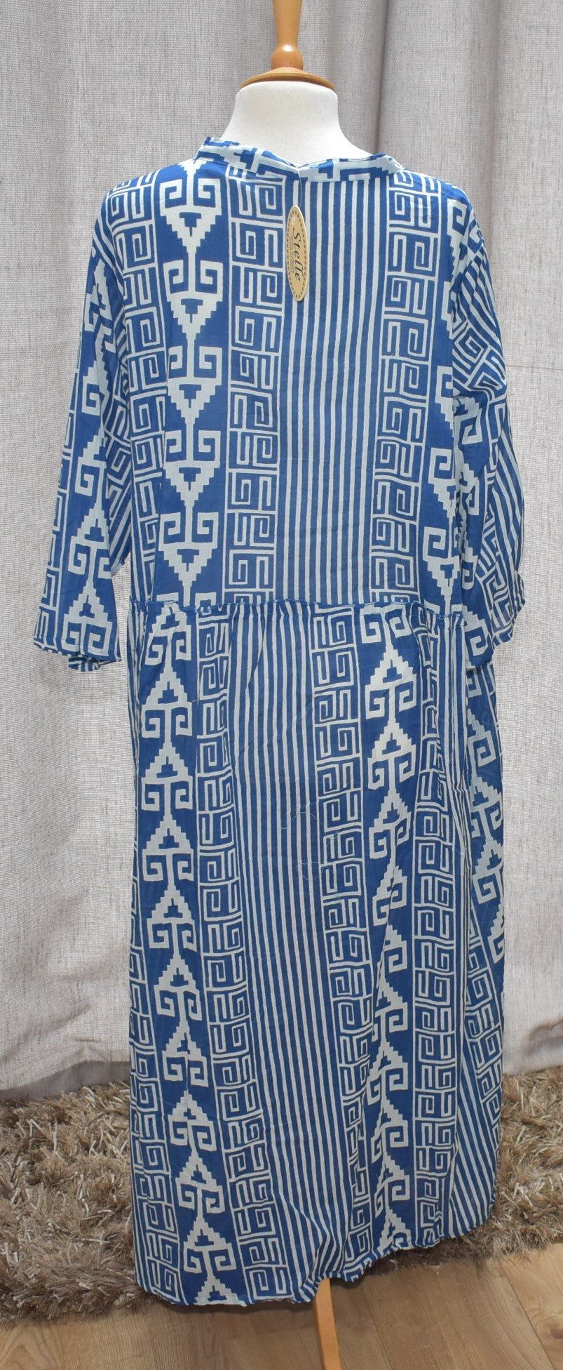 Stelle Geometric Stripe Pattern Front Button Detail Cotton Dress in Blue One Size 16-24