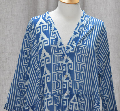 Stelle Geometric Stripe Pattern Front Button Detail Cotton Dress in Blue One Size 16-24