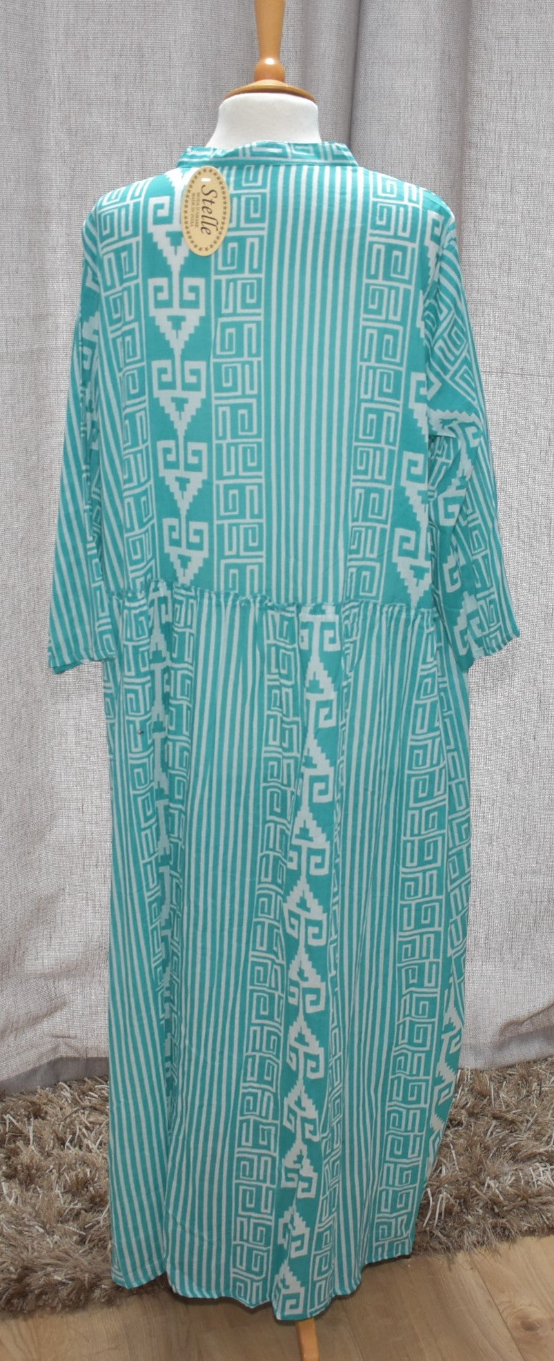 Stelle Geometric Stripe Pattern Front Button Detail Cotton Dress in Green One Size 16-24