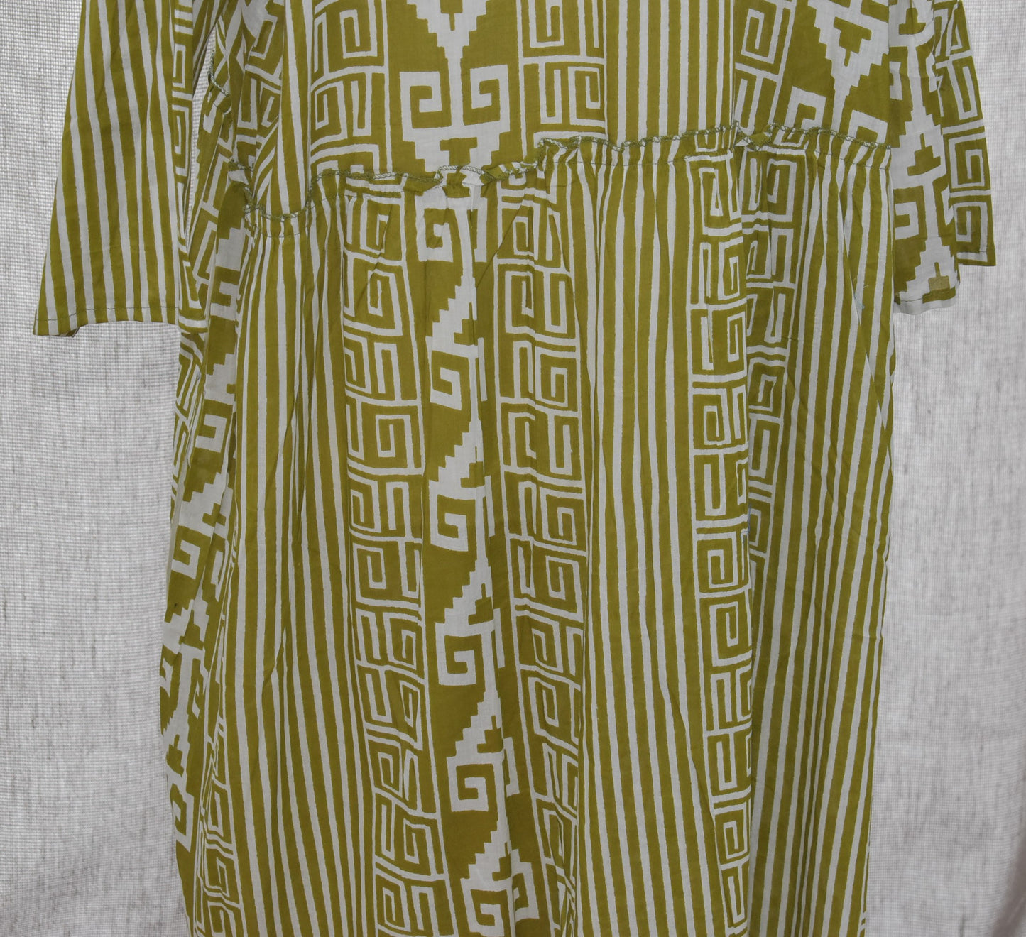 Stelle Geometric Stripe Pattern Front Button Detail Cotton Dress in Khaki One Size 16-24