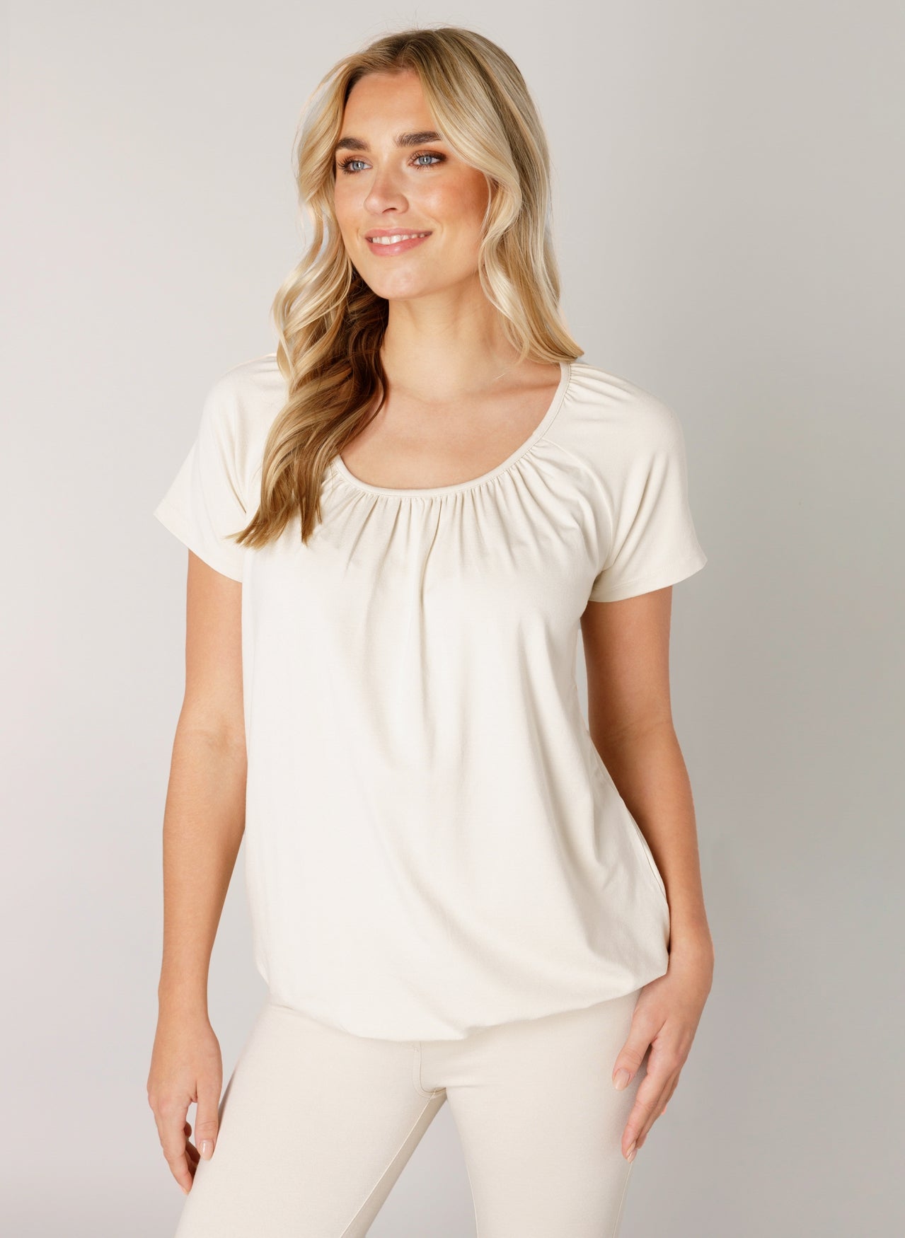 Base Level "Yona" Short Sleeve Top in Light Beige